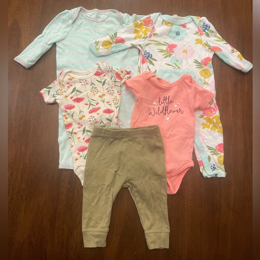 Baby Girl Floral Bundle Sleepers, Onesies With Flowers, Olive Pants
